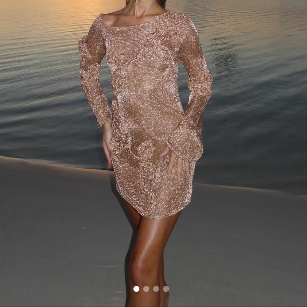Cult Gaia bowie short knit dress in champagne gold — currently sold out in small